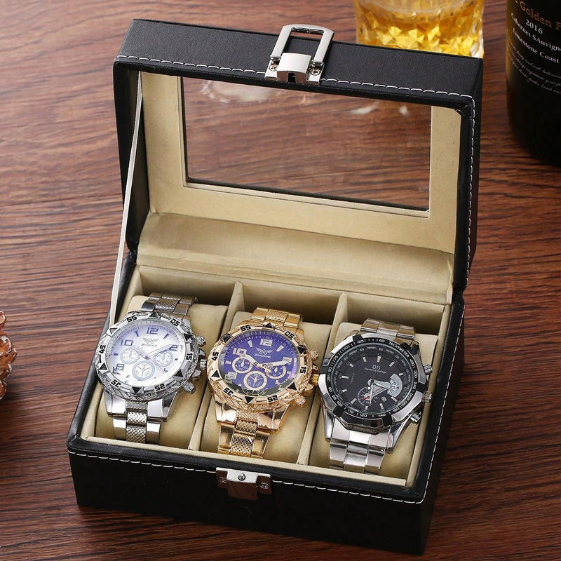 ZHOWE 3pcs/Box Men's Fashion Party Stainless Steel Strap Analog Quartz Wrist Watch, Gift Set