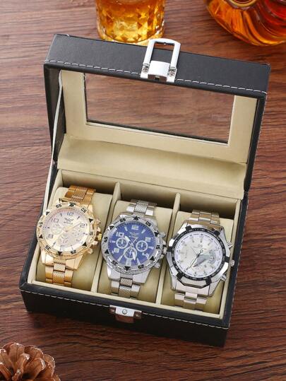 ZHOWE 3pcs/Box Men's Fashion Party Stainless Steel Strap Analog Quartz Wrist Watch, Gift Set