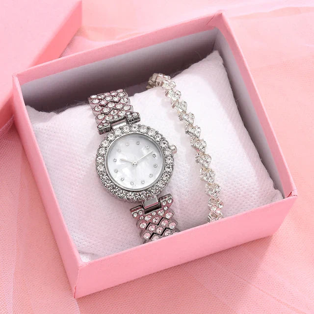 2pcs Set Luxury Women Rose Gold Watch Fashion Ladies Quartz Diamond Wristwatch Elegant Female Bracelet Watches Reloj Mujer