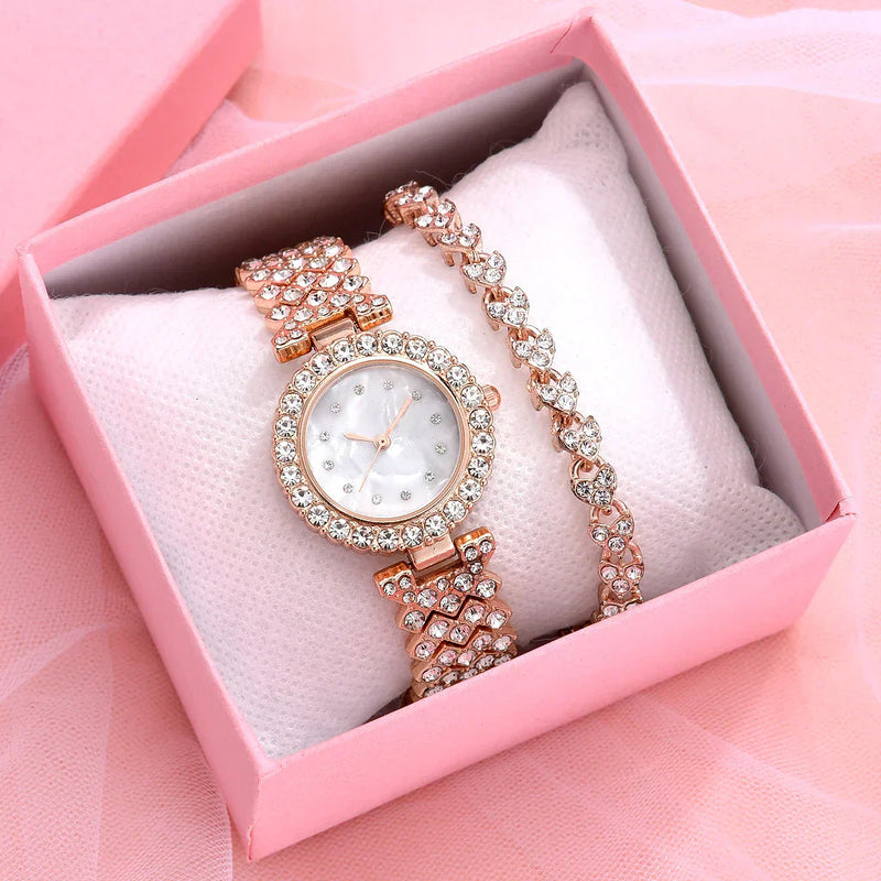 2pcs Set Luxury Women Rose Gold Watch Fashion Ladies Quartz Diamond Wristwatch Elegant Female Bracelet Watches Reloj Mujer