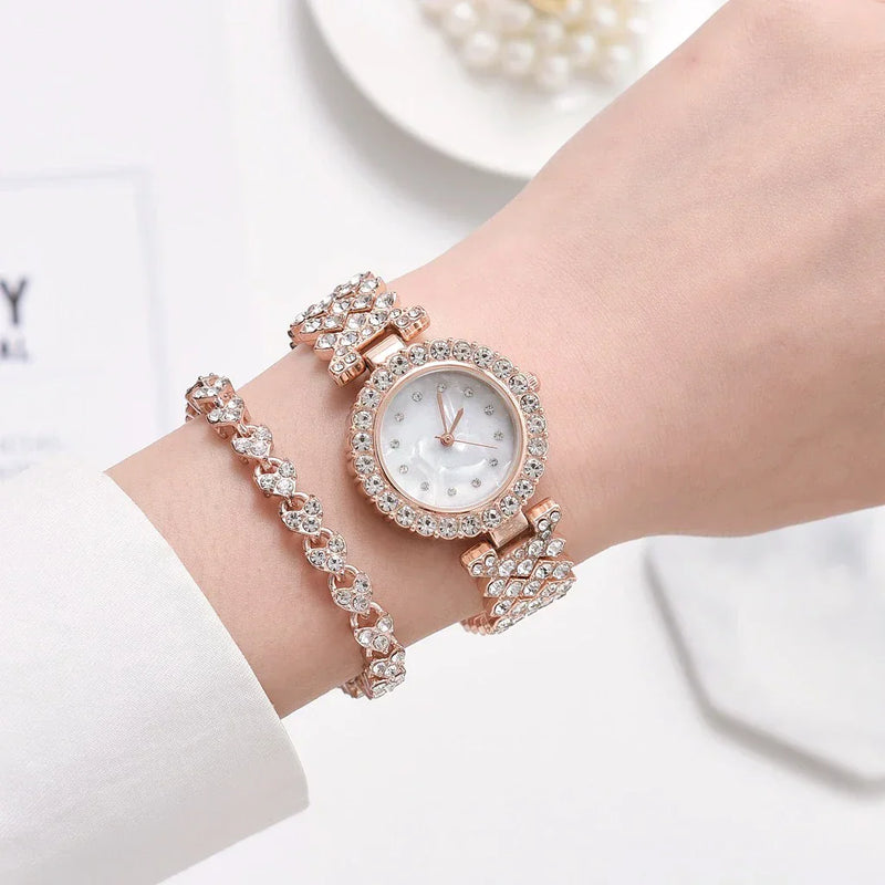 2pcs Set Luxury Women Rose Gold Watch Fashion Ladies Quartz Diamond Wristwatch Elegant Female Bracelet Watches Reloj Mujer