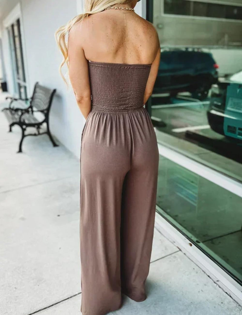 Alkyne Off Shoulder Solid Color Smocked Jumpsuit, Women's Strapless Tube Top Rompers Wide Leg Jumpsuit with Pocket