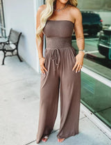 Alkyne Off Shoulder Solid Color Smocked Jumpsuit, Women's Strapless Tube Top Rompers Wide Leg Jumpsuit with Pocket