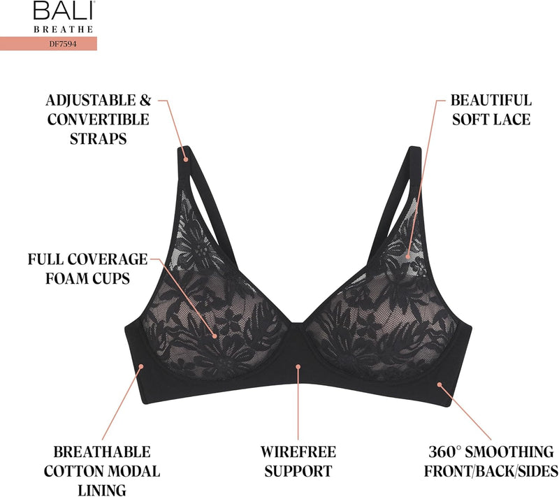 Bali Women's Breathe Modal T-Shirt Bra, Breathable Wireless Bra, Full-Coverage Convertible Bra