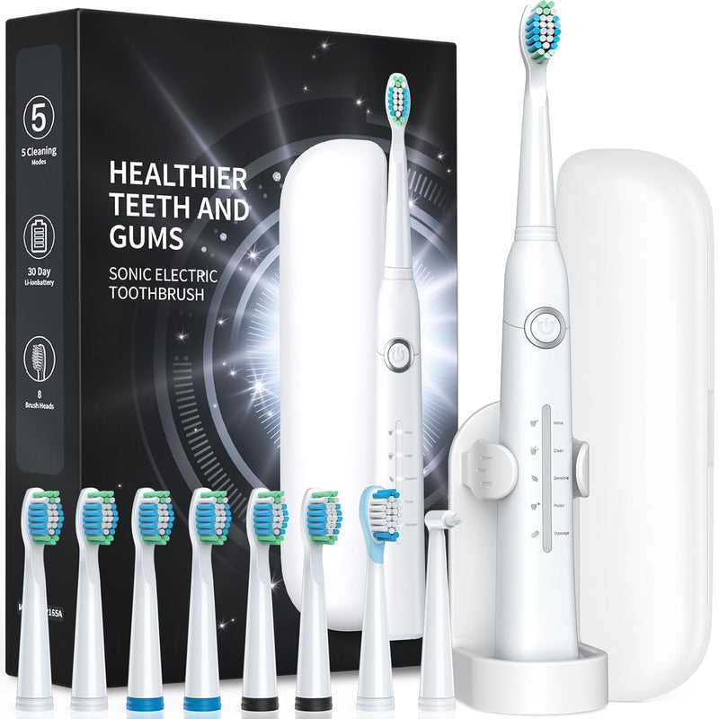 Electric Toothbrush with Travel Case, Sonic Toothbrush for Adults with 8 Brush Heads for 2-Year Use, 40000 VPM Deep Clean Rechargeable Toothbrushes Last 30 Days with 5 Modes White