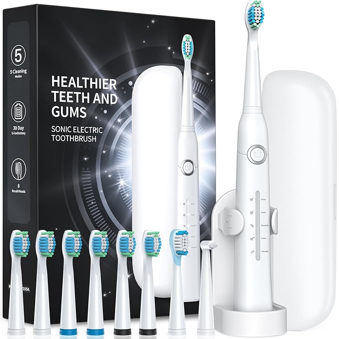 Electric Toothbrush with Travel Case, Sonic Toothbrush for Adults with 8 Brush Heads for 2-Year Use, 40000 VPM Deep Clean Rechargeable Toothbrushes Last 30 Days with 5 Modes White