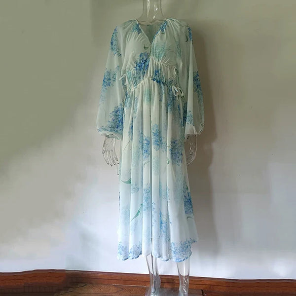 Ocean Flower Chiffon Floral Drawstring Waist Maxi Dress