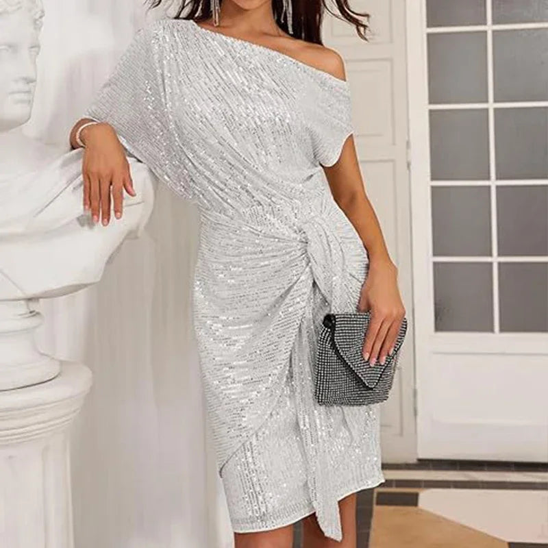 WOMEN'S ELEGANT ONE SHOULDER SEQUIN TIE-DRESS PARTY DRESS