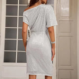 WOMEN'S ELEGANT ONE SHOULDER SEQUIN TIE-DRESS PARTY DRESS